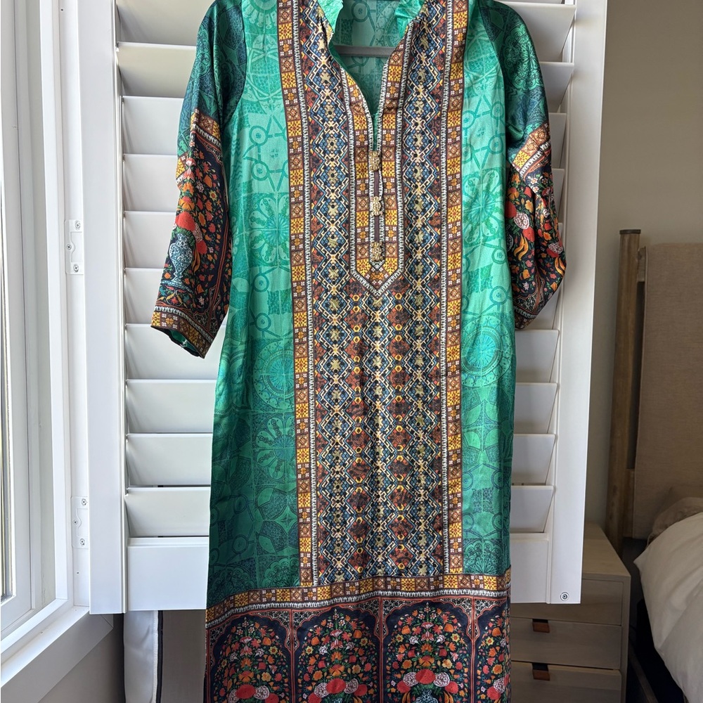 Indian 3 piece printed churidar suit dress aqua green size small